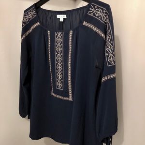 Navy blue embroidered peasant top large